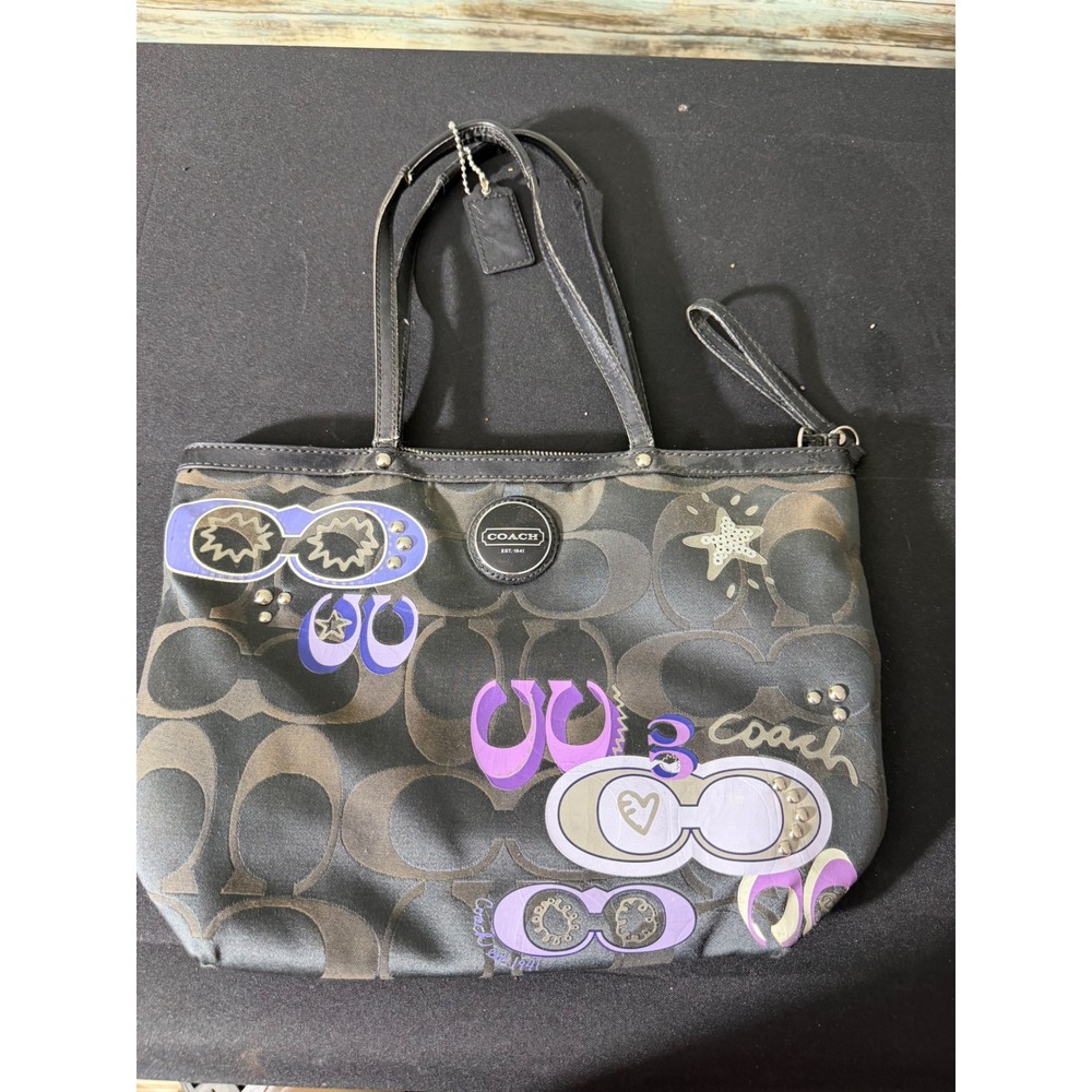 Coach Tote Bag Medium Black Purple Excellent Poppy Signature Graffiti F17587